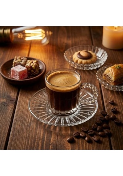 6'li Cam Kahve Fincanı Seti Boncuk Kulplu Şeffaf Espresso & Türk Kahvesi Fincan Takımı Tabaklı Diğer