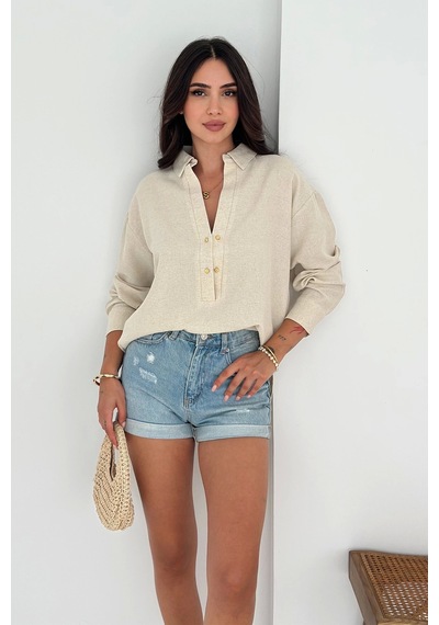 Asprin Fashion Yarım Düğmeli Gömlek Bej