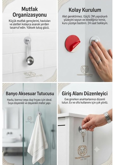 2 Li Set Çelik Yapışkanlı Banyo Havluluk Mutfak Askısı Gümüş Bornoz Duvar Askılığı 4,5 Cm Çap 304 Paslanmaz 723453 Diğer