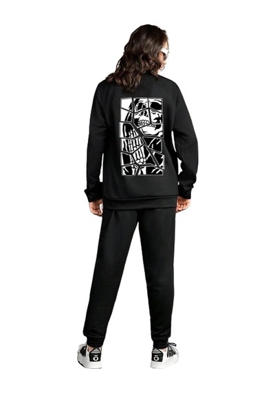 Uyguntarz Unisex Skullcracked Baskılı Bisiklet Yaka Eşofman Takımı Siyah