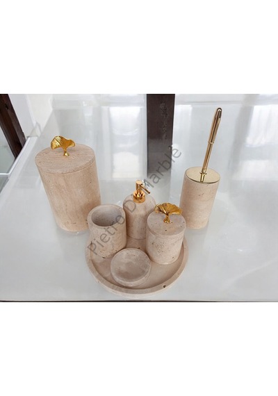 Sarı Traverten Klasik Model 7 Parça Gold Renk Japon Gülü Aksesuarlı Banyo Seti Sarı Traverten