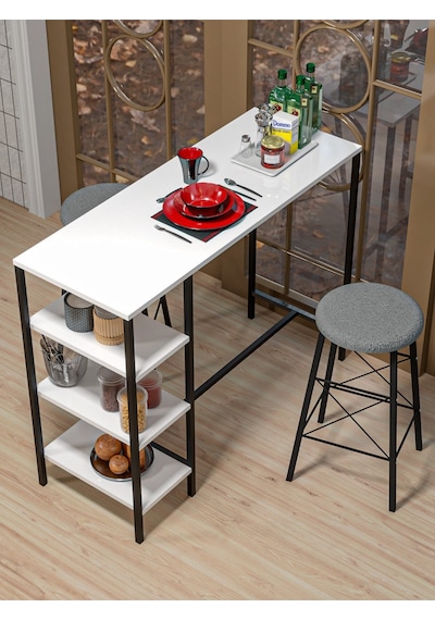 Retodesign Beyaz Raflı Yuvarlak Tabureli Bar Takımı 4651a Siyah