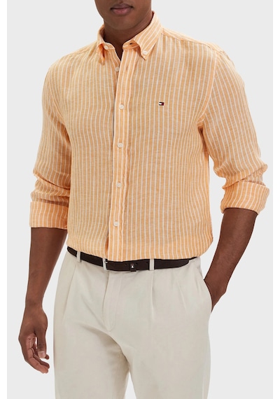 Tommy Hilfiger Çizgili Keten Regular Fit Uzun Kollu Gömlek Erkek Gömlek Mw0mw42400 0dm Orange-beyaz