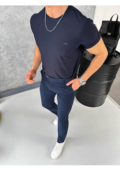 Modefendi Yüksek Kalite Slimfit Merserize Kumaş Bisiklet Yaka Tshirt Lacivert