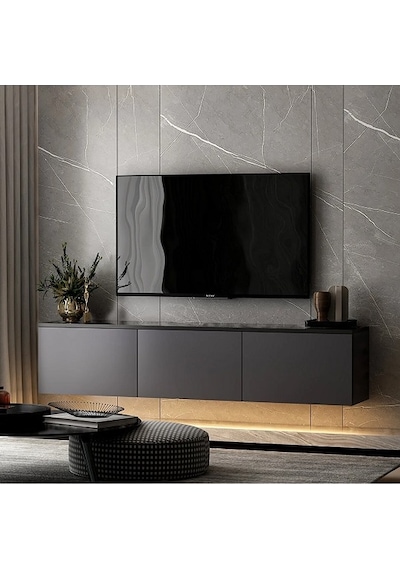 Tv Sehpası Norm Duvara Monte Antrasit Mermer Desen Led Işıklı 160
