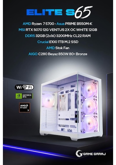 Game Garaj Elite S65 R7-5700 32 GB 1 TB SSD RTX5070 Dos Oem Paket Masaüstü Oyuncu Bilgisayarı