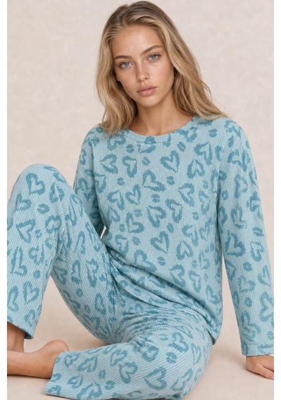 Kadın Desenli Uzun Kollu Mint Yeşili Pijama Takımı 4760