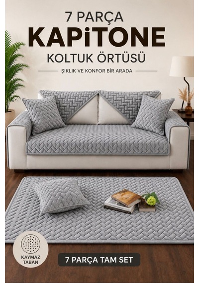 7 Parça Kaymaz Taban Kapitone 3 Lü Koltuk Çekyat Kanepe Örtüsü Gri Gri