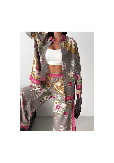 Wellway İthal Chokellaa Kumaş Çiçekli Tunik Gömlek & Pantolon 2li Takım-sarı -26123 Pembe