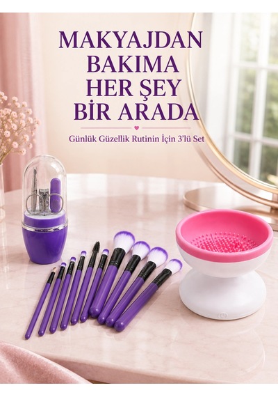 Zenvia 3 Lü Güzellik Ve Bakım Seti 12 Li Mor Makyaj Fırçası Fırça Temizleme Cihazı Ve Manikür Pedikür Tı