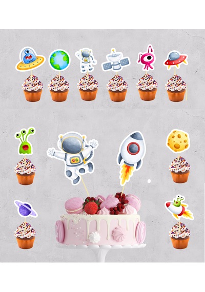 Uzay Astronot Temalı Pasta Kürdanı Cupcake Kürdanı 12 Parça Pasta