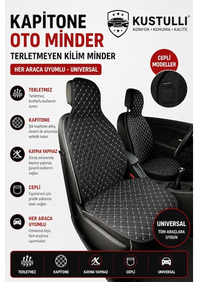 Kustulli 3'lü Pilot Kapitone Terletmeyen Oto Koltuk Minder Cepli Model Gri Ön Arka Koltuk Minderi