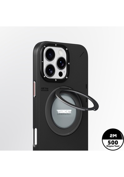 Apple Uyumlu iPhone 16 Pro Kılıf Magsafe Özellikli 360 Standlı Deri Desenli Youngkit Tech Leather Serisi Siyah