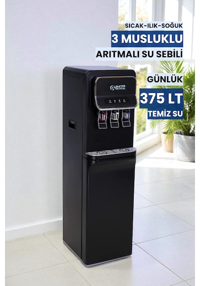 Arıtmalı Su Sebili 80gpd Ro - Sıcak, Ilık Ve Soğuk Su - 3 Musluklu Siyah V2 Üreticiden