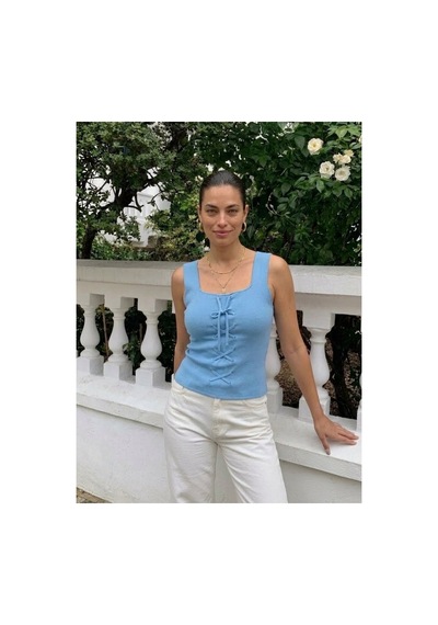 Onno Style Women Kolsuz Askılı Kare Yaka Bağcık Detaylı Triko Kadın Bluz Mavi