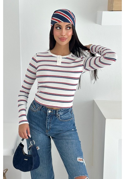 Noa & Noa Kadın Çizgili Düğme Detaylı Bluz Retro Stripe Beyaz
