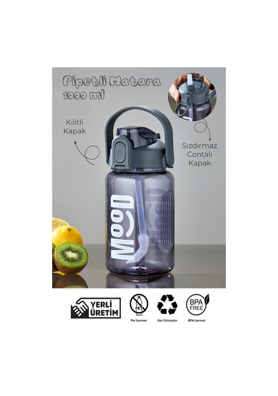 Spor Matarası Suluk - 1000 Ml Pipetli , Kilitli Kapak, Su Sızdırmaz Tasarım - Gri Gri