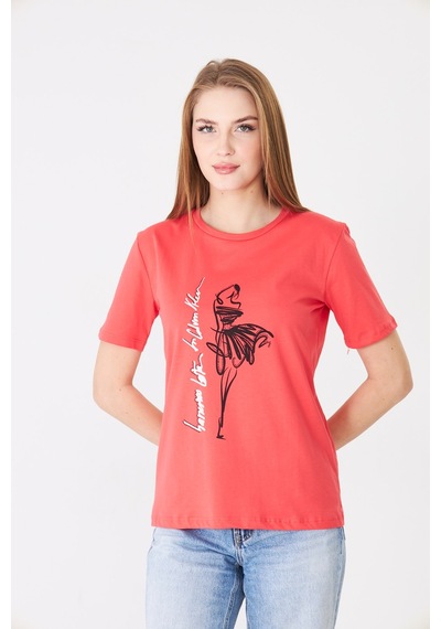Sortie Collection Eteği Tül Detaylı Silüet Baskılı Basic Tshirt Mercan