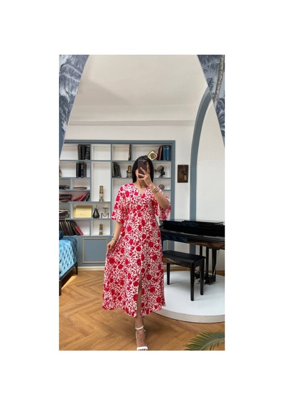 Moda Banuş Kırmızı Önden Yırtmaçlı Elbise 3154