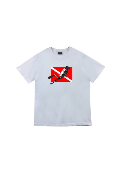 Stoned&Fame Unisex Beyaz Dalgıç Dalış Bayrağı T-shirt Beyaz