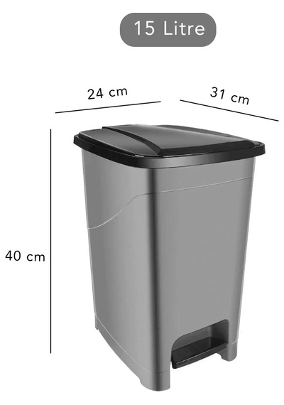 Slim Pedallı Banyo Mutfak Çöp Kovası - 15 Litre Gri