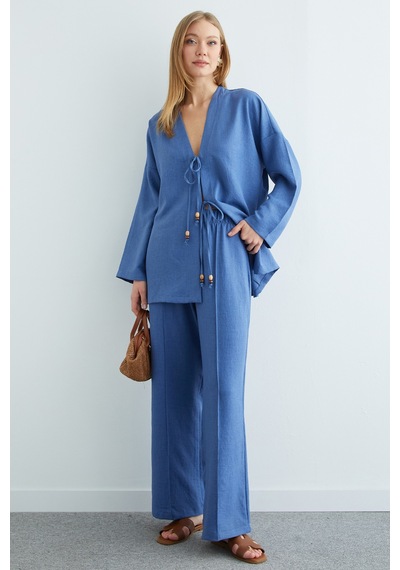 Fullamoda Önü Bağlamalı Keten Kimono 2 Li Takım İndigo