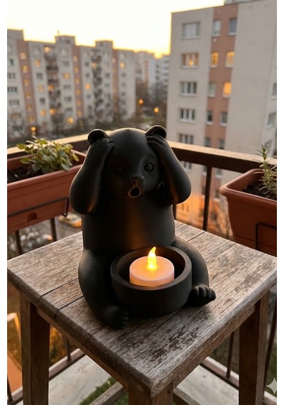 Dekoratif Tealight Mum Hediyeli Ayı Panda Tasarım Vegan Siyah