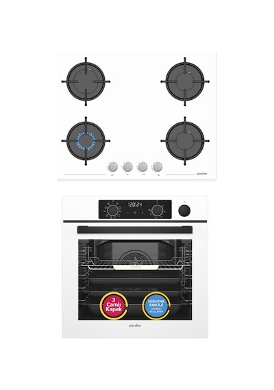 Simfer 0+10 Fonksiyon Steam Master 8245 Fırın + 3507 Ocak Buharlı Beyaz 2'li Ankastre Set