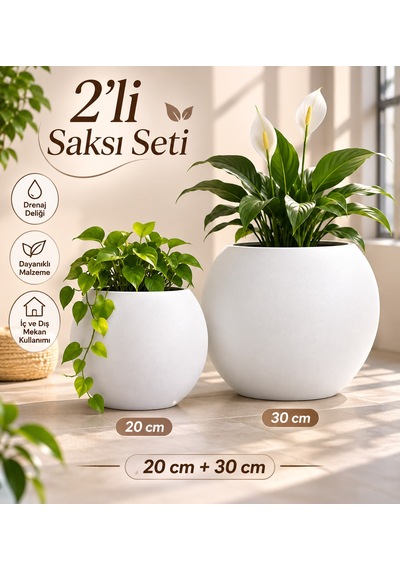 2 Li Küresel Saksı Seti Beyaz 20 Cm Ve 30 Cm Dekoratif Saksı, Siyah İçlikli, Modern Yuvarlak Saksı Takımı -