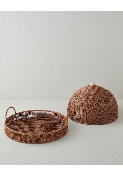 Boho Plastik Rattan Sunumluk 33x33x18 Cm Kahverengi