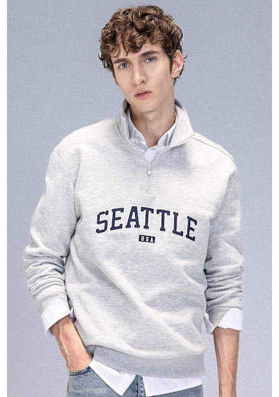 DeFacto Relax Fit Fermuarlı Dik Yaka Baskılı Kalın Sweatshirt D2168AX24AUGR389 Gri