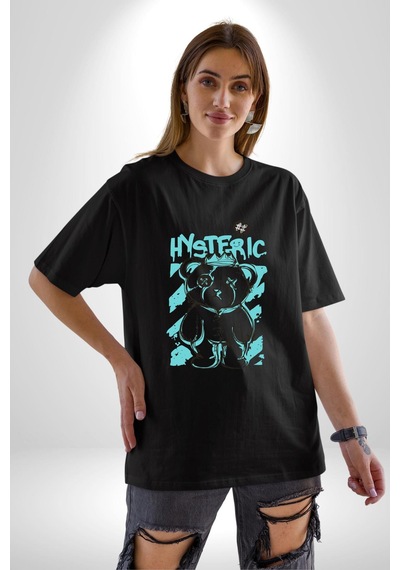 Histerik Pamuklu Bisiklet Yaka Unisex Oversize Boyfriend Dijital Baskılı Siyah T-shirt Siyah