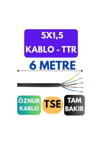 Öznur 5x1,5 Ttr Kablo Metre Seçenekli Siyah - 6 Metre