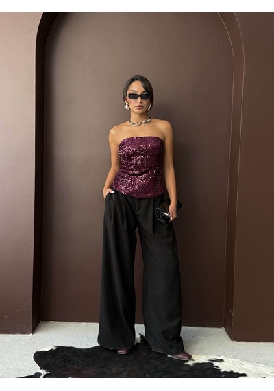 Verymoda Arkadan Fermuarlı Straplez Payet Bluz F2056 Mürdüm