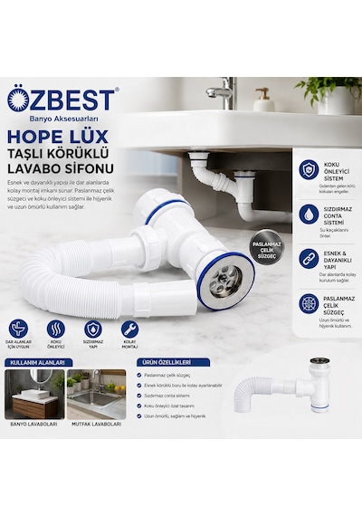 Lüx Paslanmaz Taşlı Körüklü Lavabo Sifon 5728 Çok Renkli