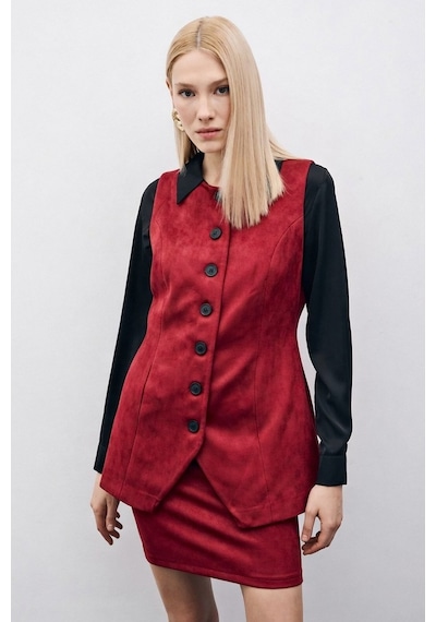 Sateen Düğmeli Uzun Süet Yelek - Bordo-135506 Bordo