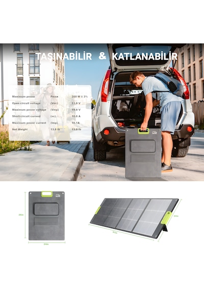 Cepini 200W Katlanabilir Güneş Paneli - Monokristal %23 Yüksek Verim - Profesyonel Güç İstasyonları İçin XT60 ve MC4 Çıkışlı Taşınabilir Solar Panel