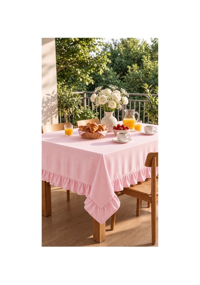 Fırfırlı Pamuklu Kumaş Masa Örtüsü Pembe - 719735433 Pembe