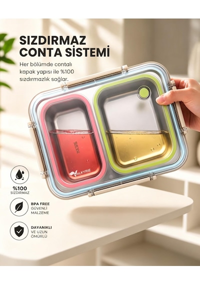 Valkyrie 2 Bölmeli 304 Paslanmaz Çelik Lunch Box Sızdırmaz Renkli Yemek Taşıma Kabı + Termal Çanta Çok Renkli