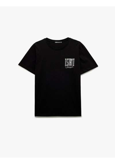 Koton Kısa Kollu Bisiklet Yaka Regular Fit Pamuklu Baskılı Tişört Siyah 6wam10015hk Siyah