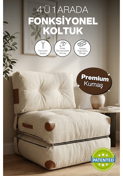 Reyo Pufymax Comfy Bohem Koltuk Yatak Olabilen Katlanır Berjer & Modüler Yer Yatağı 75x75x 85 Cm Keten Krem
