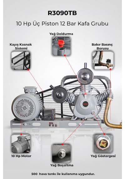 10 Hp Üç Piston 12 Bar Kompresör Kafası
