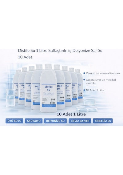 Distile Su 1 Litre Saflaştırılmış Deiyonize Saf Su 10 Adet