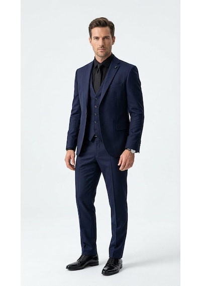 Erkek Klasik Slim Fit Armürlü Kumaş Tek Düğmeli Çift Yırtmaçlı Klasik Yaka Takım Elbise 7 Drop Lacivert