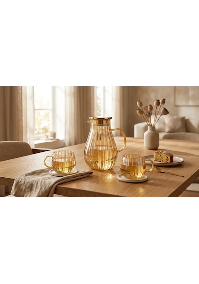 Modern Borosilikat Dilimli 1800 Ml Cam Sürahi Ve 300ml 2li Bardak Çay, Meyve Detoksu Ve Soğuk İçecekler İçin