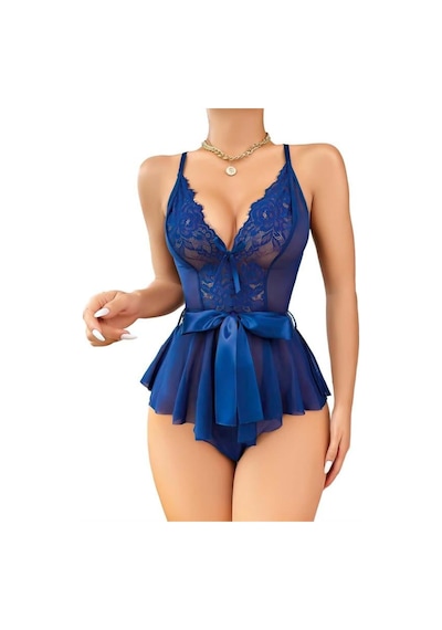 Lisinya Mavi Dantel İşlemeli Kurdelalı Tül Babydoll Mavi