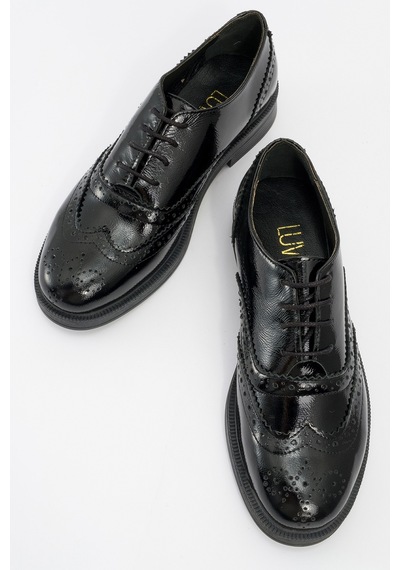 Luvishoes Avra Siyah Rugan Hakiki Deri Kadın Oxford Ayakkabı Siyah-Rugan