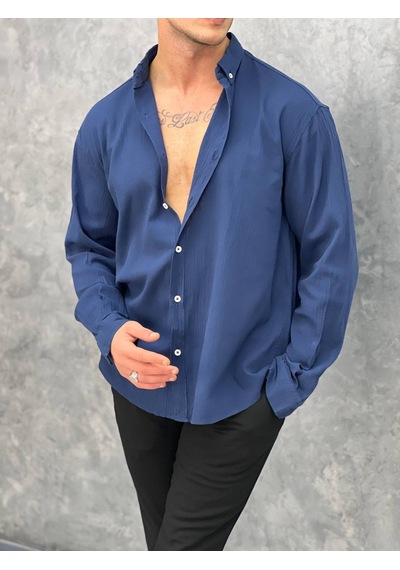 Modefendi Krinkıl Kumaş Oversize Kesim Keten Gömlek Lacivert