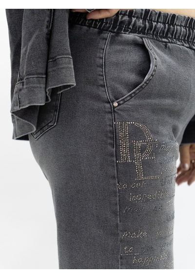 Trieste Büyük Beden Yüksek Bel Taş Yazı İşlemeli Beli Lastikli Bağcıklı Denim Kadın Pantolon Antrasit Trieste Büyük Beden Yüksek Bel Taş Yazı İşlemeli Beli Lastikli Bağcıklı Denim Kadın Pantolon Antrasit