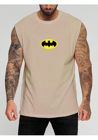 Batman Baskılı Kolsuz Tişört Bej